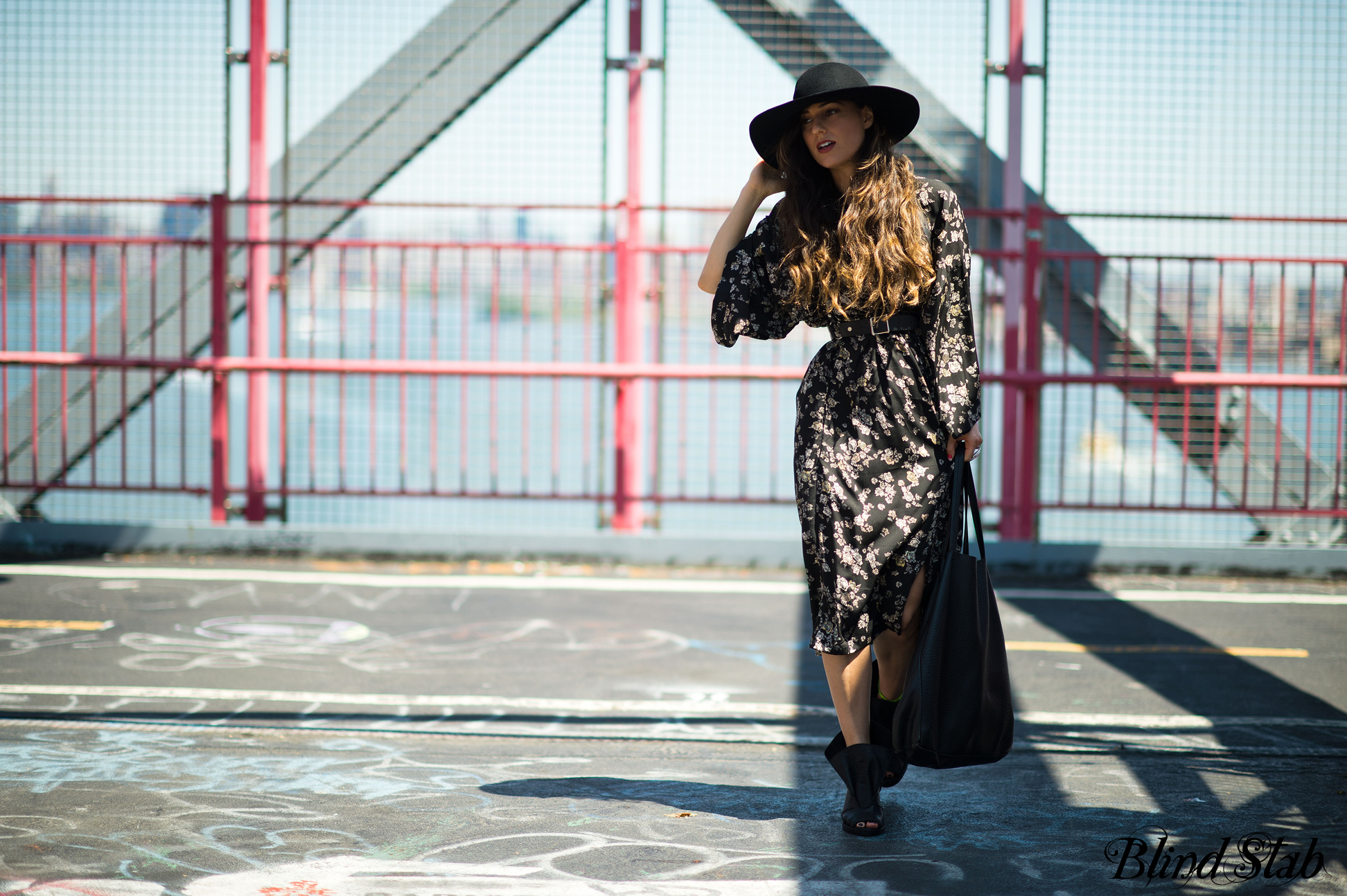 Blind-Stab-Dana-Suchow-Spring-4-Zana-Bayne-Harness-Wide-Brim-Hat-Williamsburg-Bridge-Topshop-Kimono-Dress