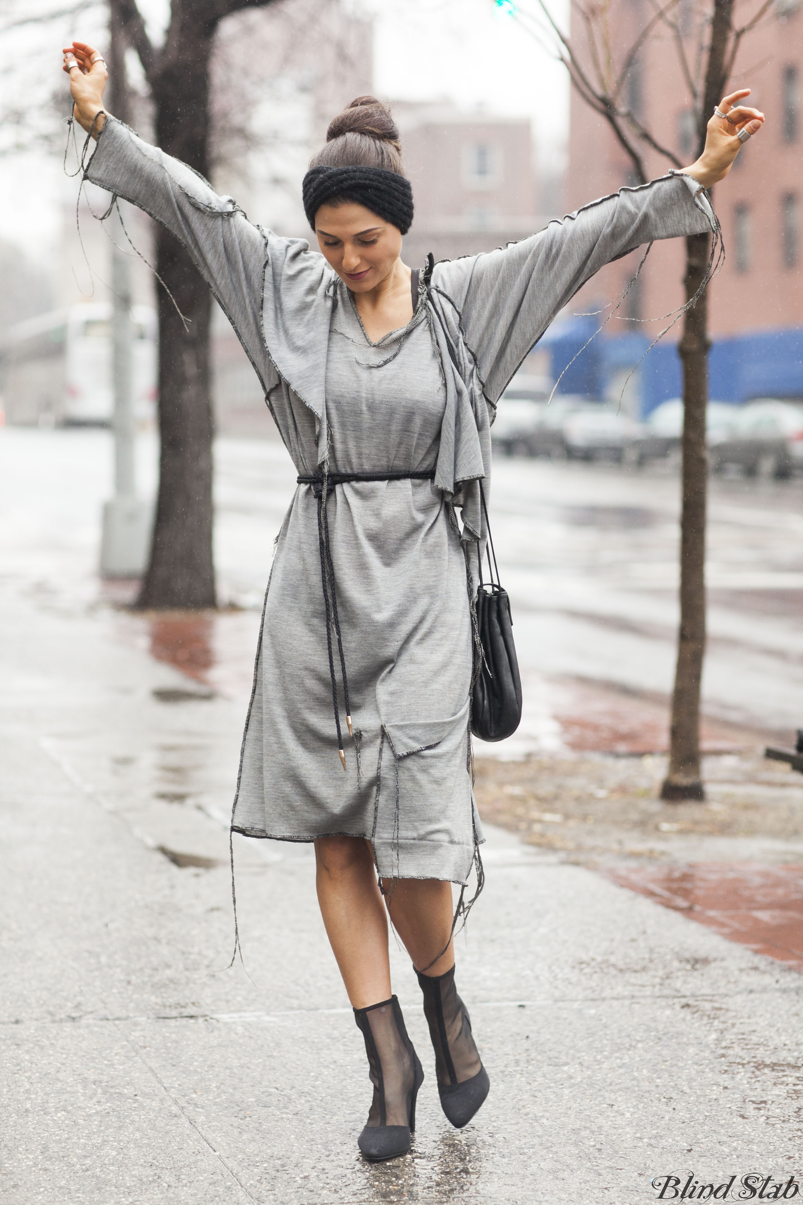 Gray-Shredded-Torn-Dress-NYC-Street-Style-Winter-Headband-Mesh-Heels
