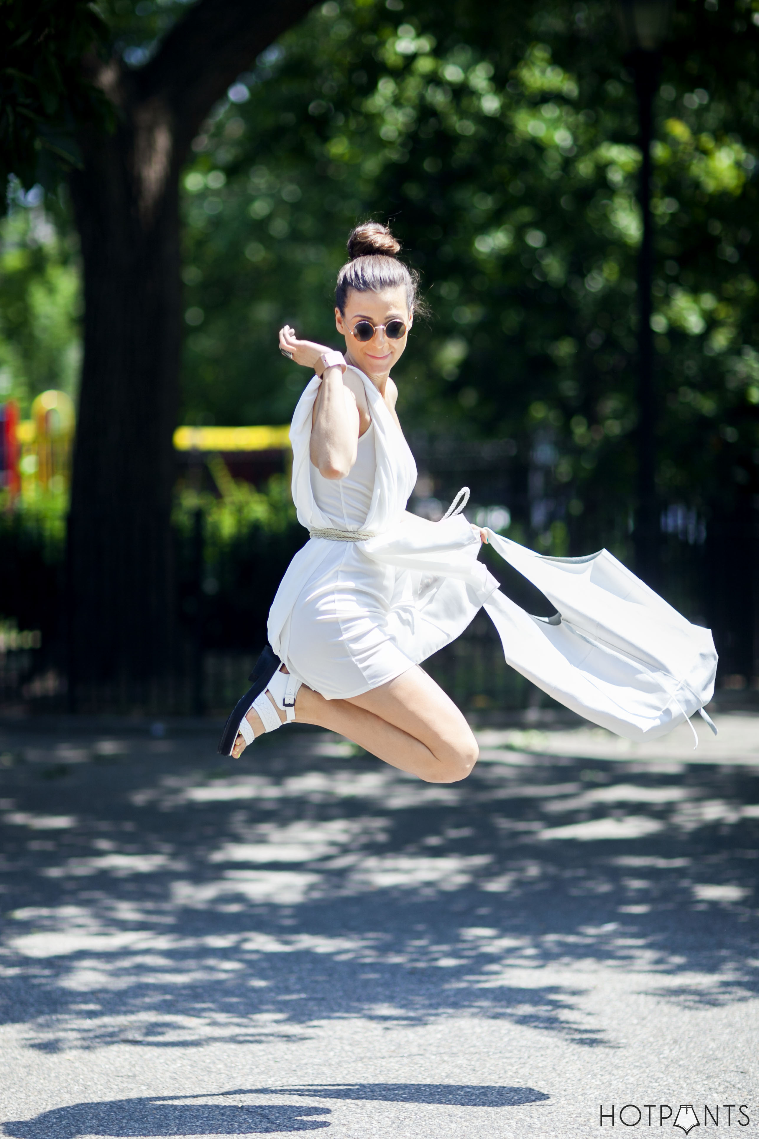 John Lennon Sunglasses Long Hair Updo Summer Dress Funny Jumping Girl