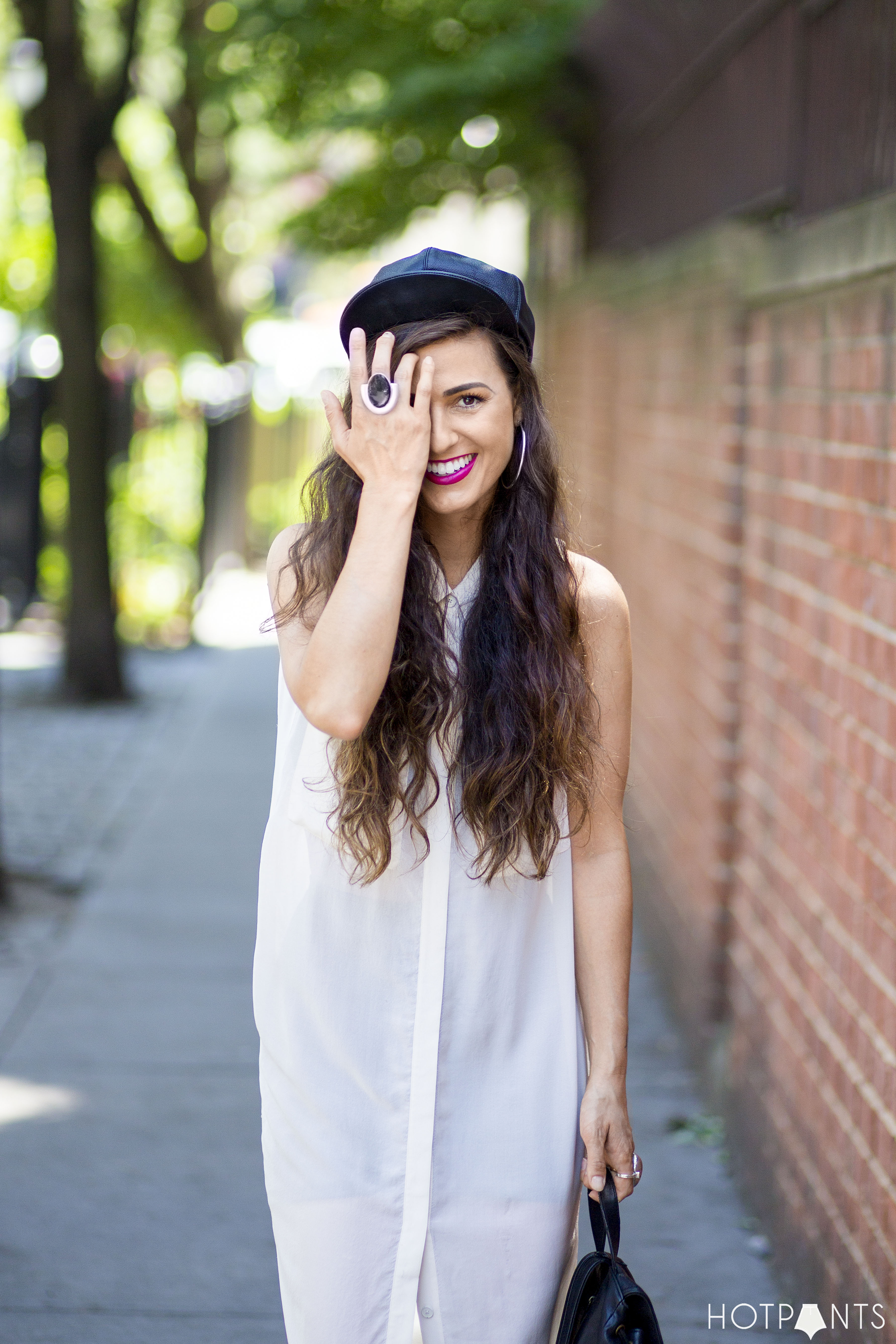 NYC Streetstyle Funny Blogger Leather Leather Backpack Pink Lipstick