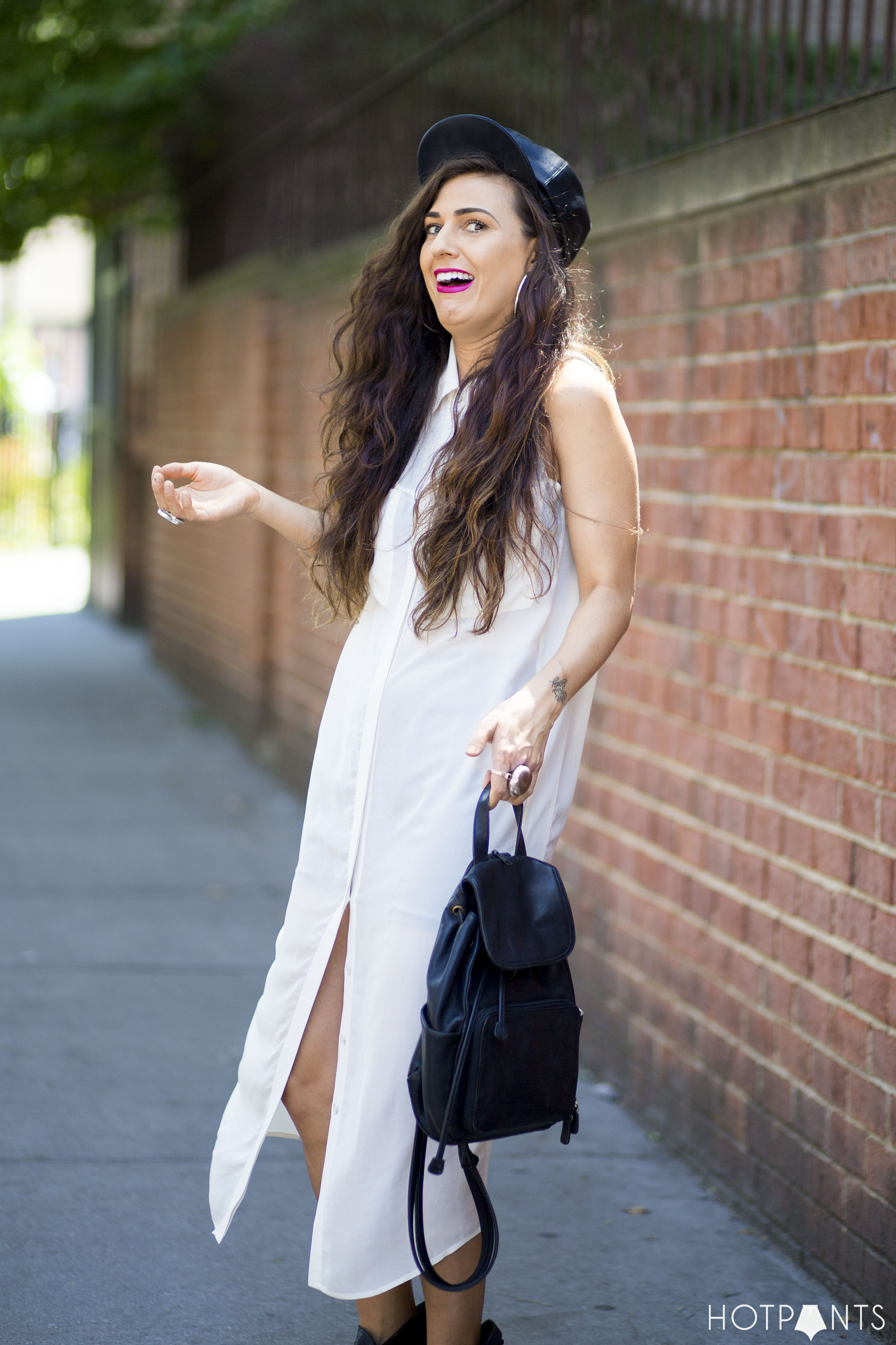 NYC Streetstyle Funny Blogger Leather Leather Backpack Pink Lipstick