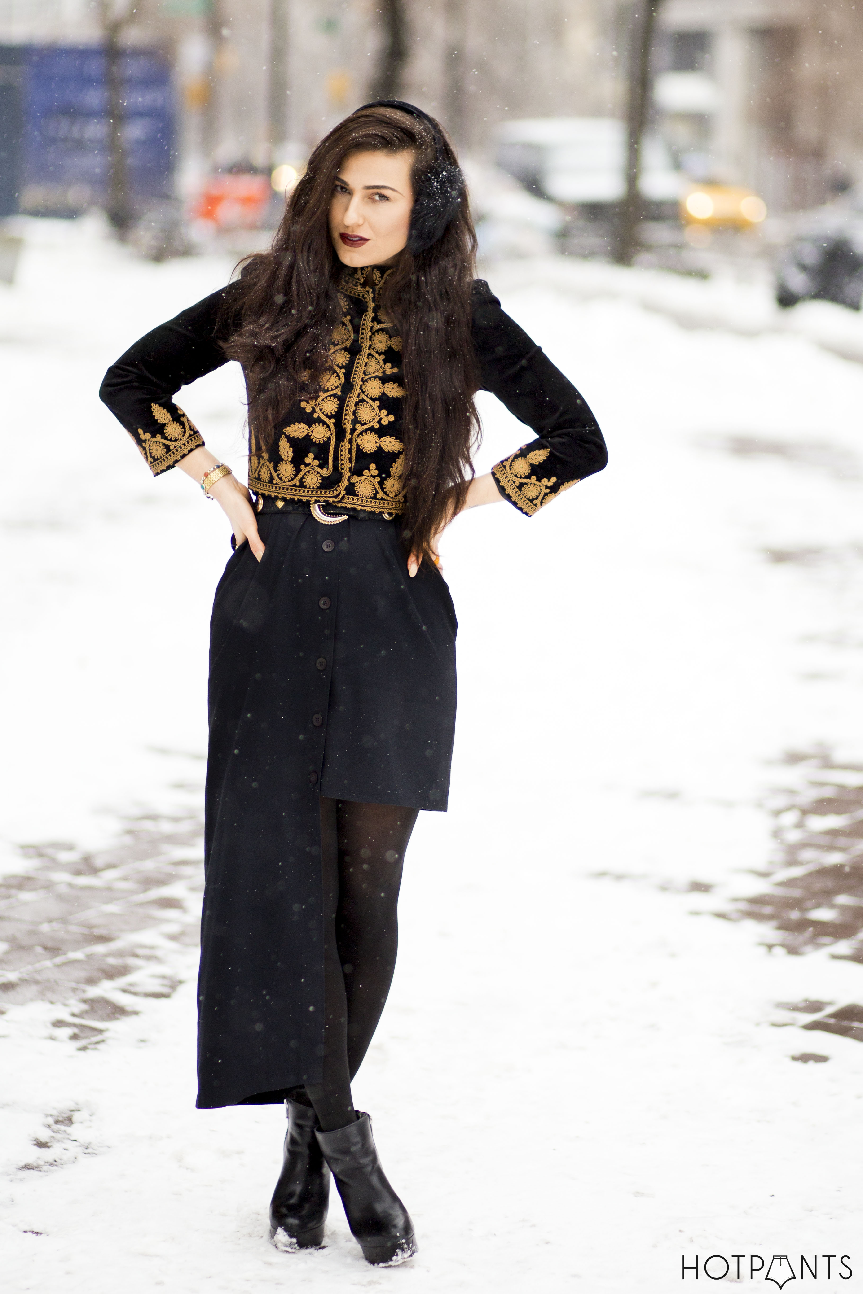 Asymmetrical Dress New York Winter Snow Outfit Dark Lipstick