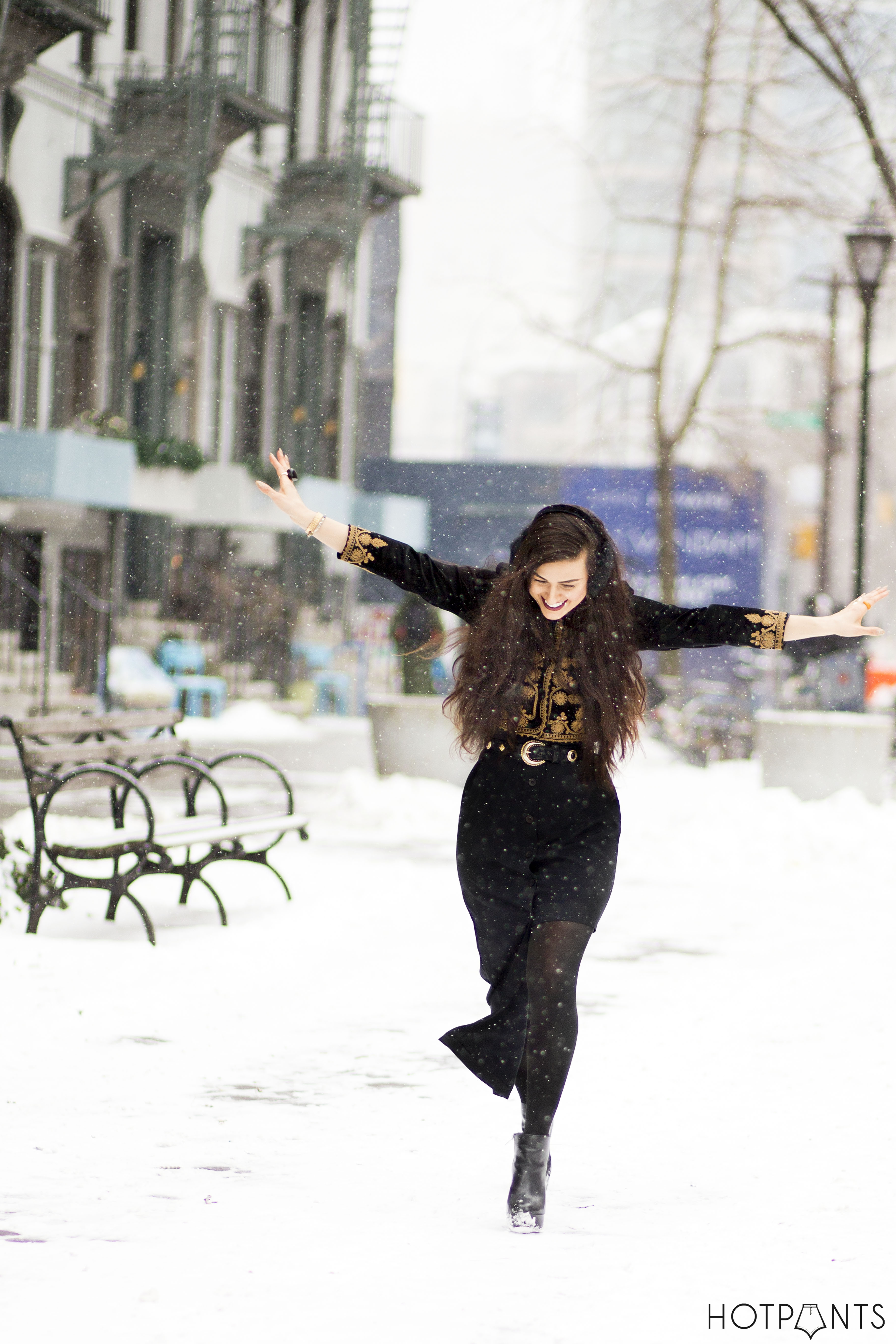 Asymmetrical Dress New York Winter Snow Outfit Dark Lipstick