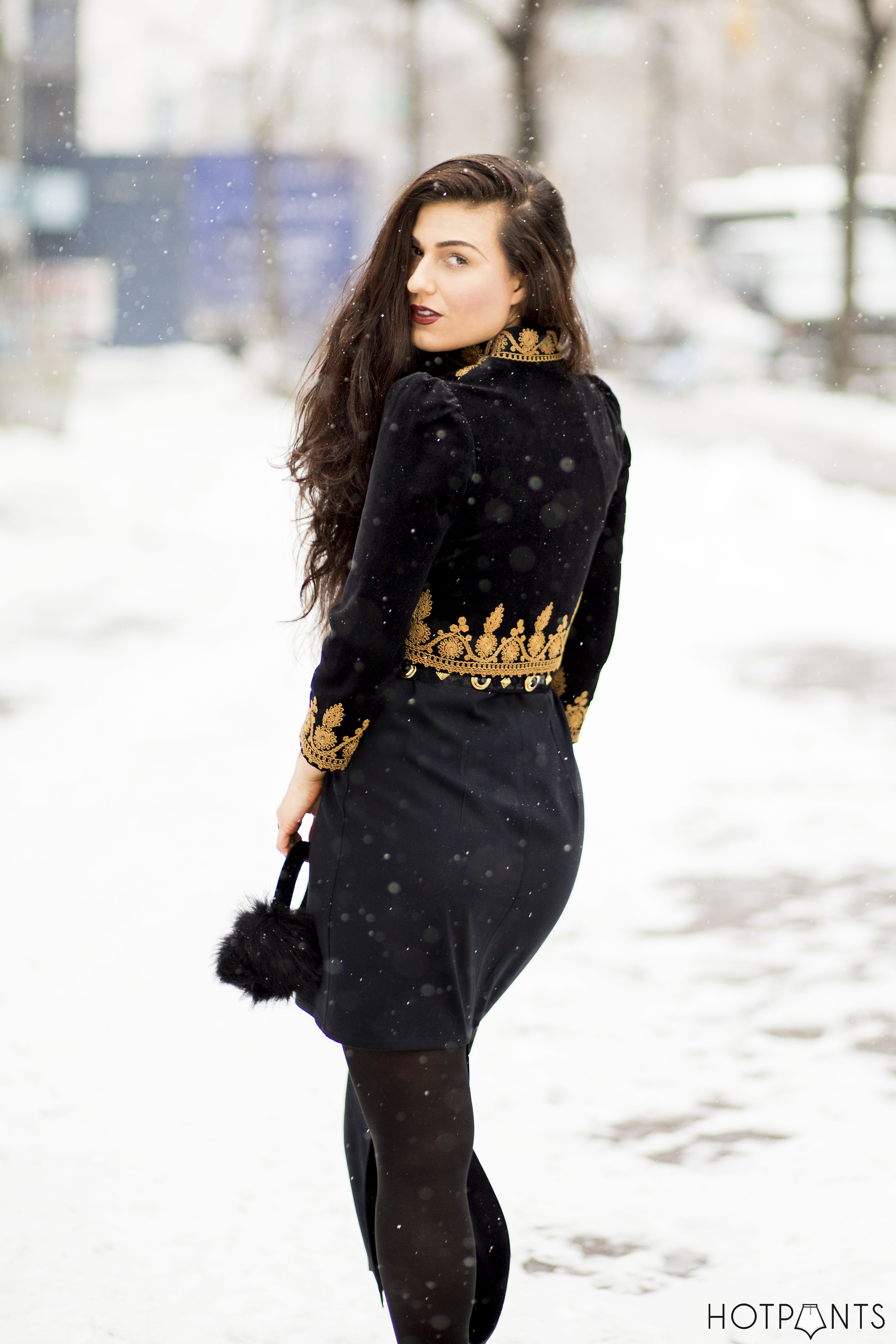 Asymmetrical Dress New York Winter Snow Outfit Dark Lipstick