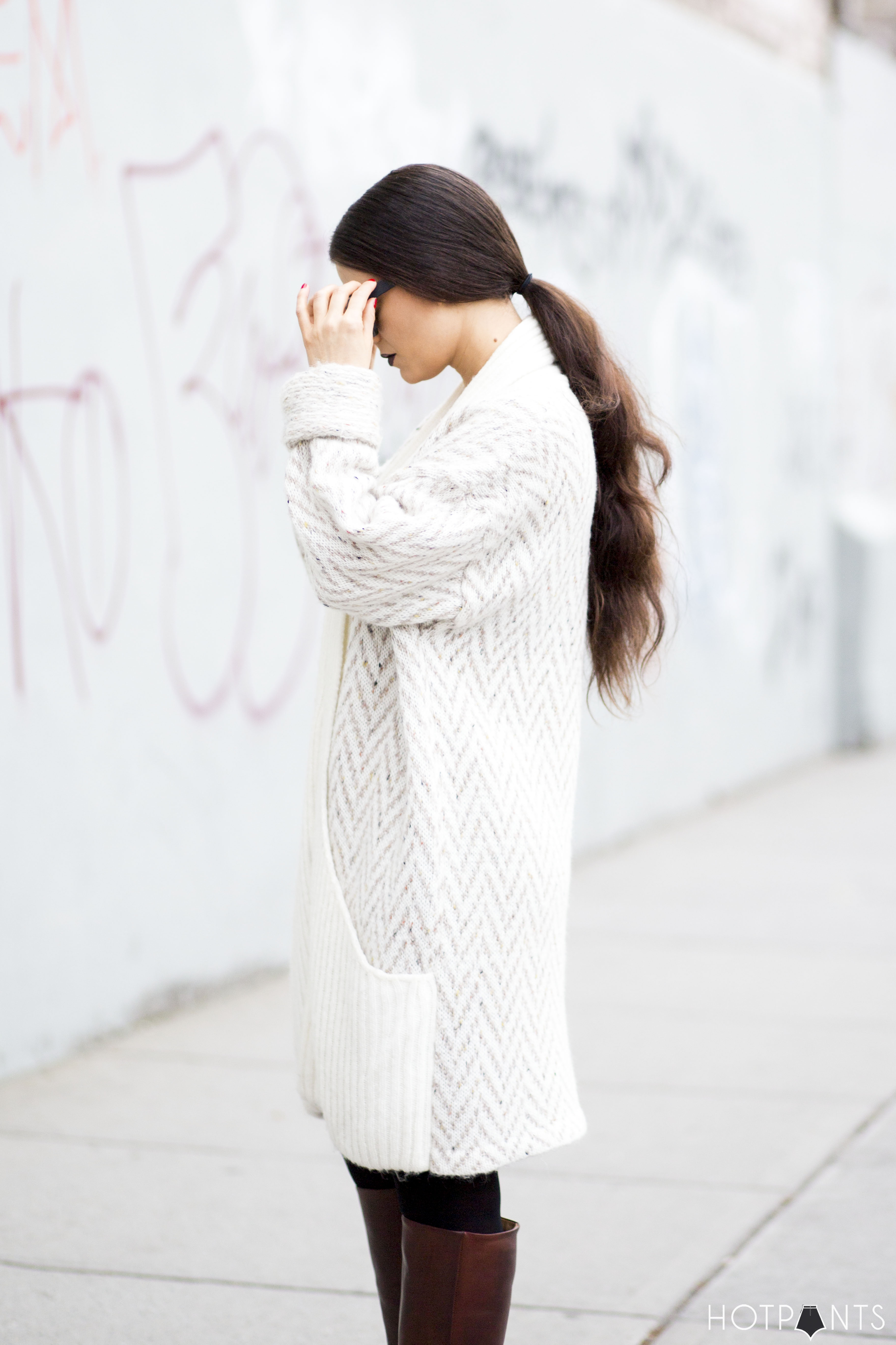 Middle Part Long Wavy Hair Oversize Vintage Sweater Dress