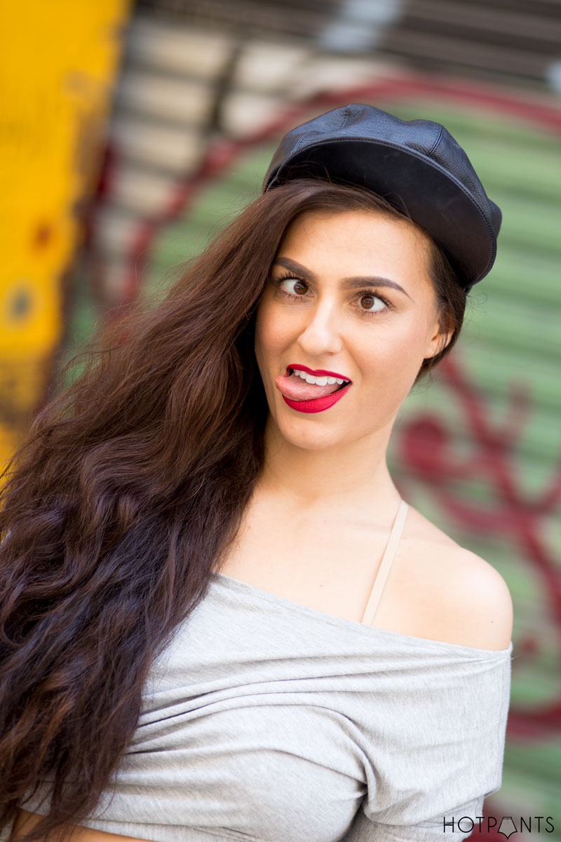 Leather Hat Mac Ruby Woo Crop Top Long Wavy Hair