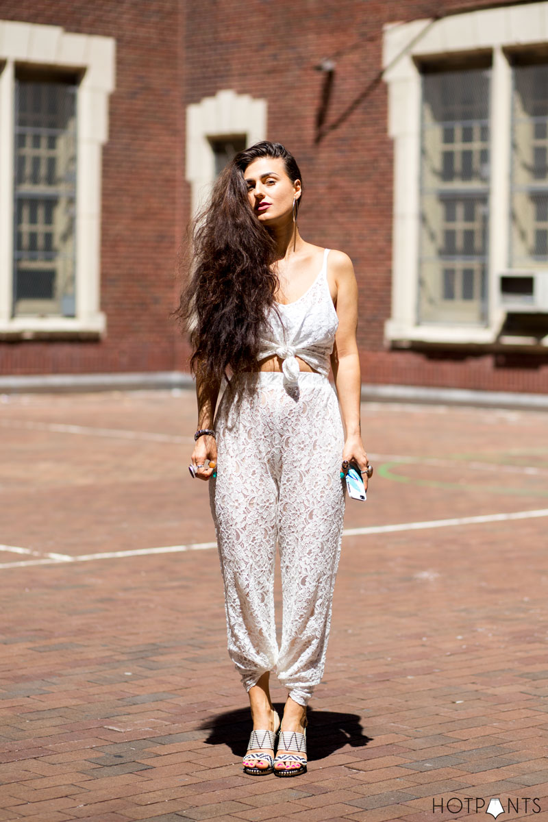 White monochrome matching top bottom outfit sheer see through pants tank