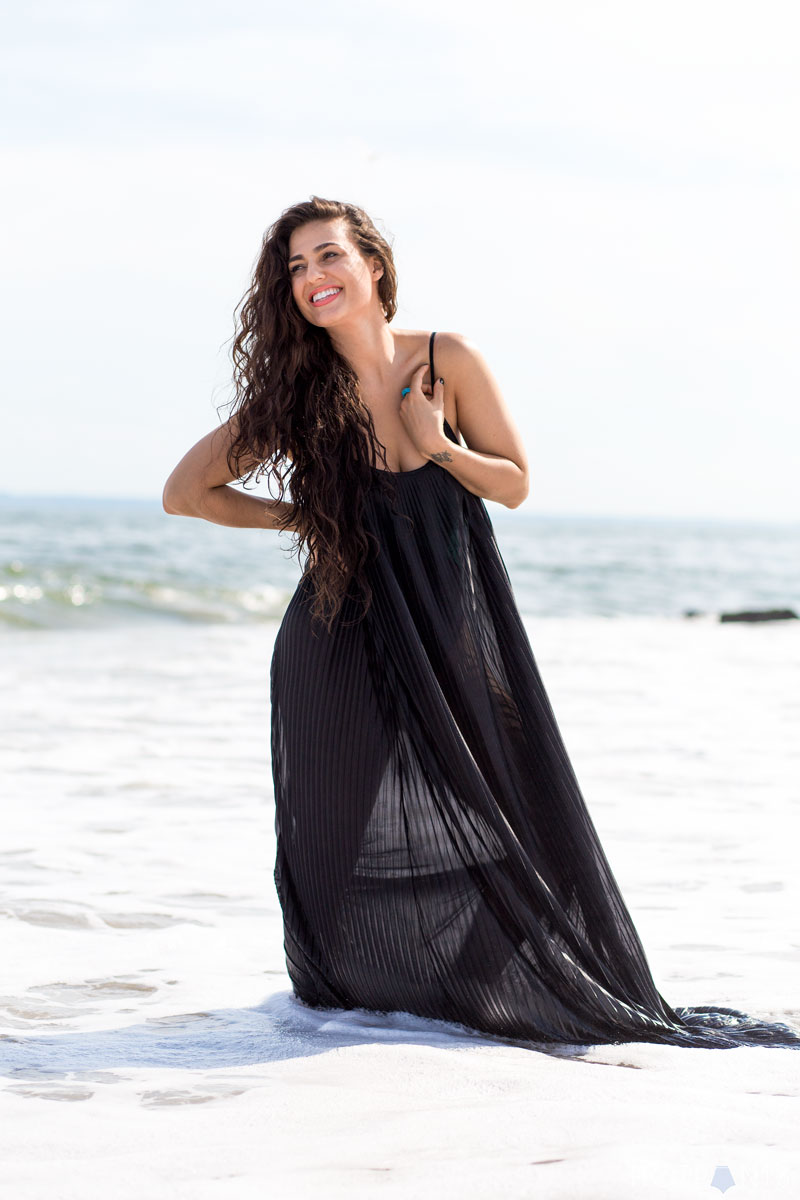 Long Hair Girl Playing At The Beach Ocean