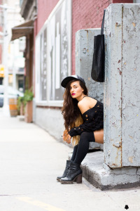 Goth Girl Woman In Short Shorts Black Leather Baseball Hat Bright Lipstick