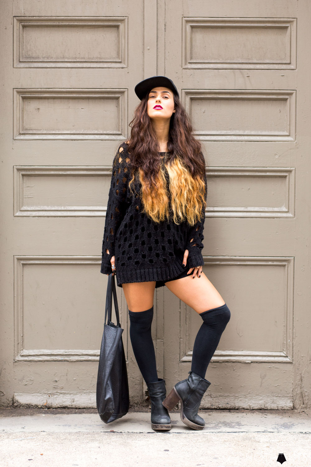 Goth Girl Woman In Short Shorts Black Leather Baseball Hat Bright Lipstick