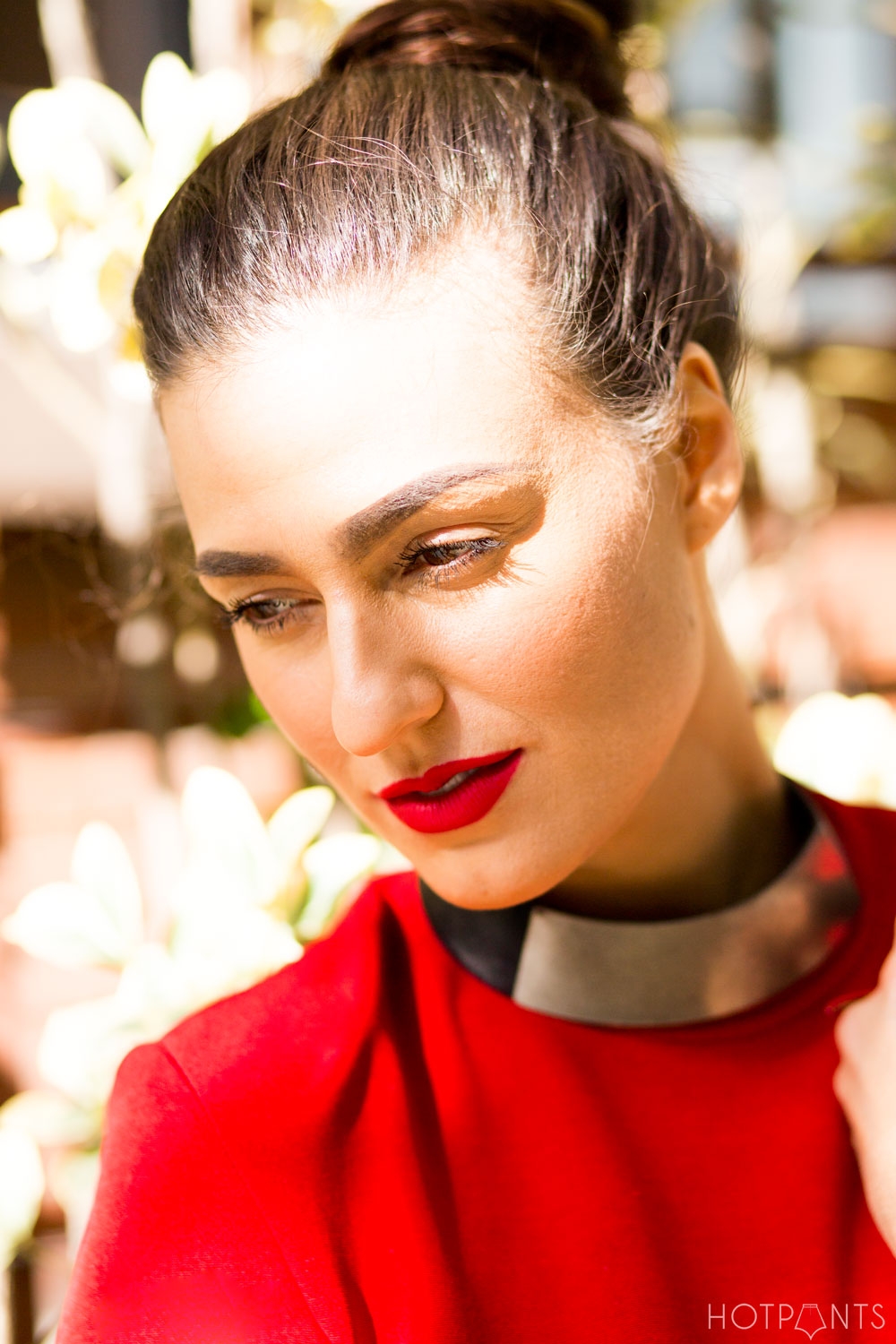 Red Lips Lipstick Matching Lips and Outfit Long Hair Bun Updo