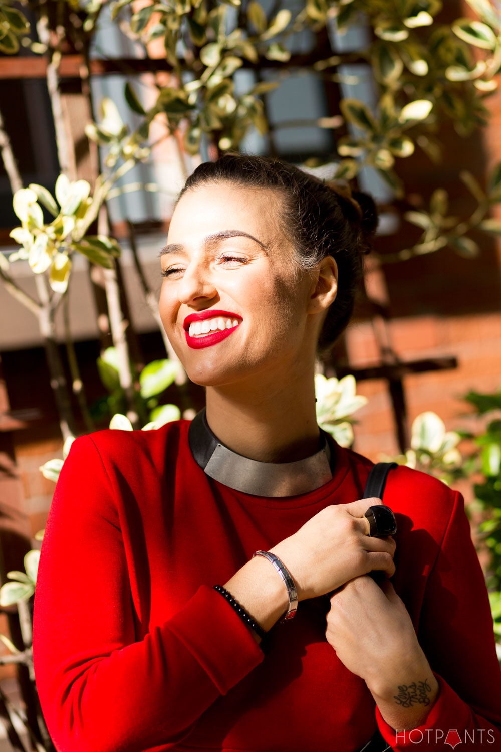 Red Lips Lipstick Matching Lips and Outfit Long Hair Bun Updo