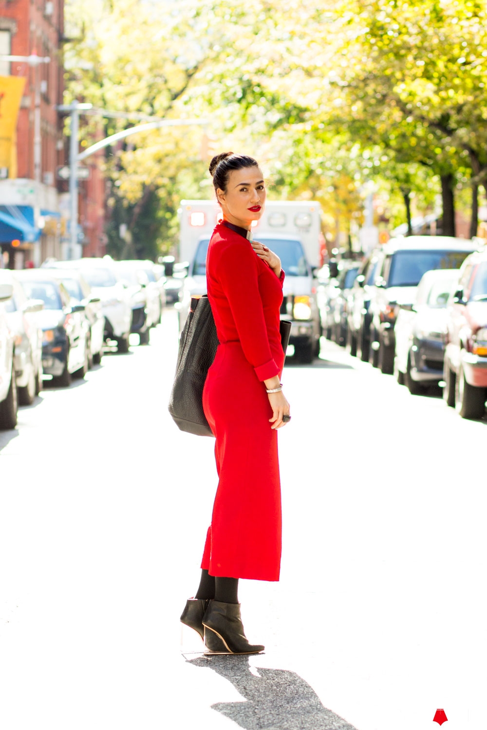 Red Lips Lipstick Matching Lips and Outfit Long Hair Bun Updo