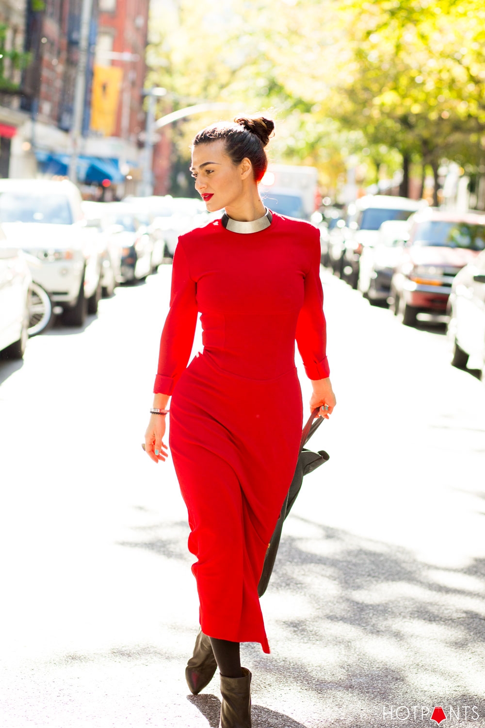 Red Lips Lipstick Matching Lips and Outfit Long Hair Bun Updo