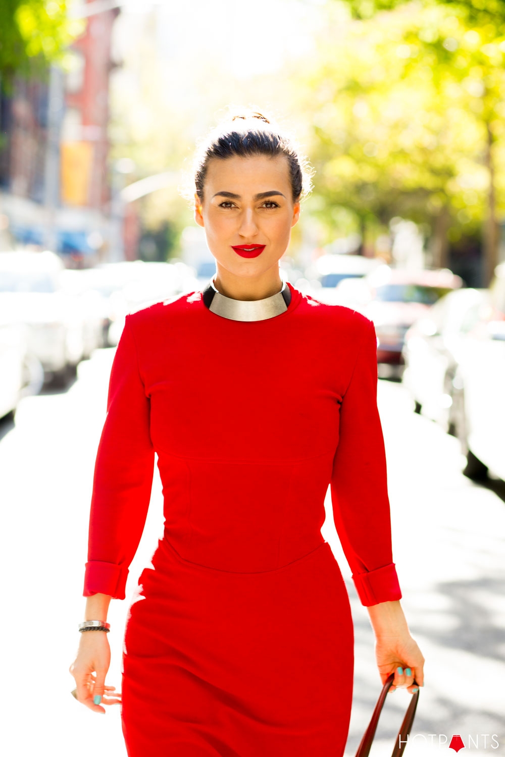 Red Lips Lipstick Matching Lips and Outfit Long Hair Bun Updo