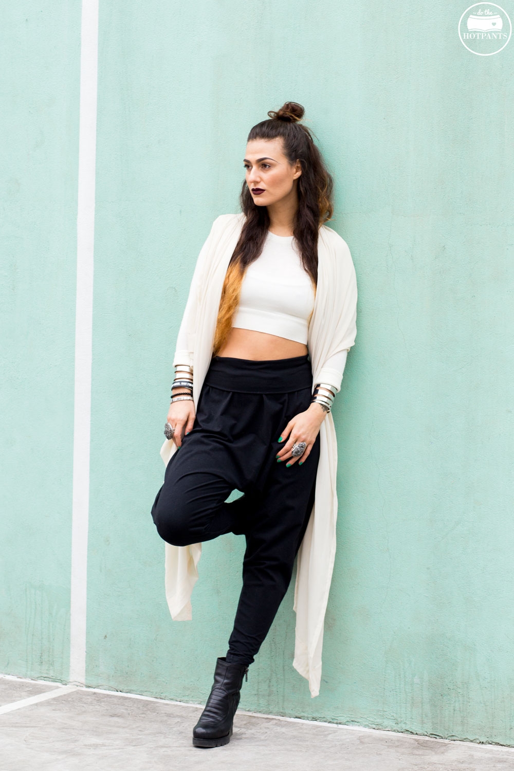 Harem Drop Crotch Pants White Black Crop Top Outfit New York Winter Fashion