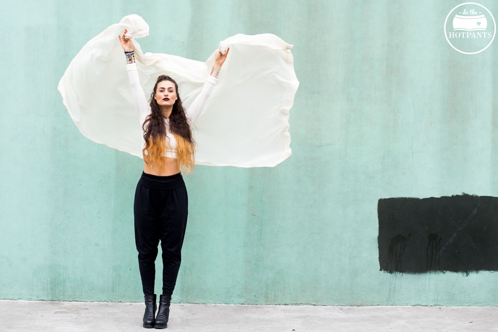 Harem Drop Crotch Pants White Black Crop Top Outfit New York Winter Fashion