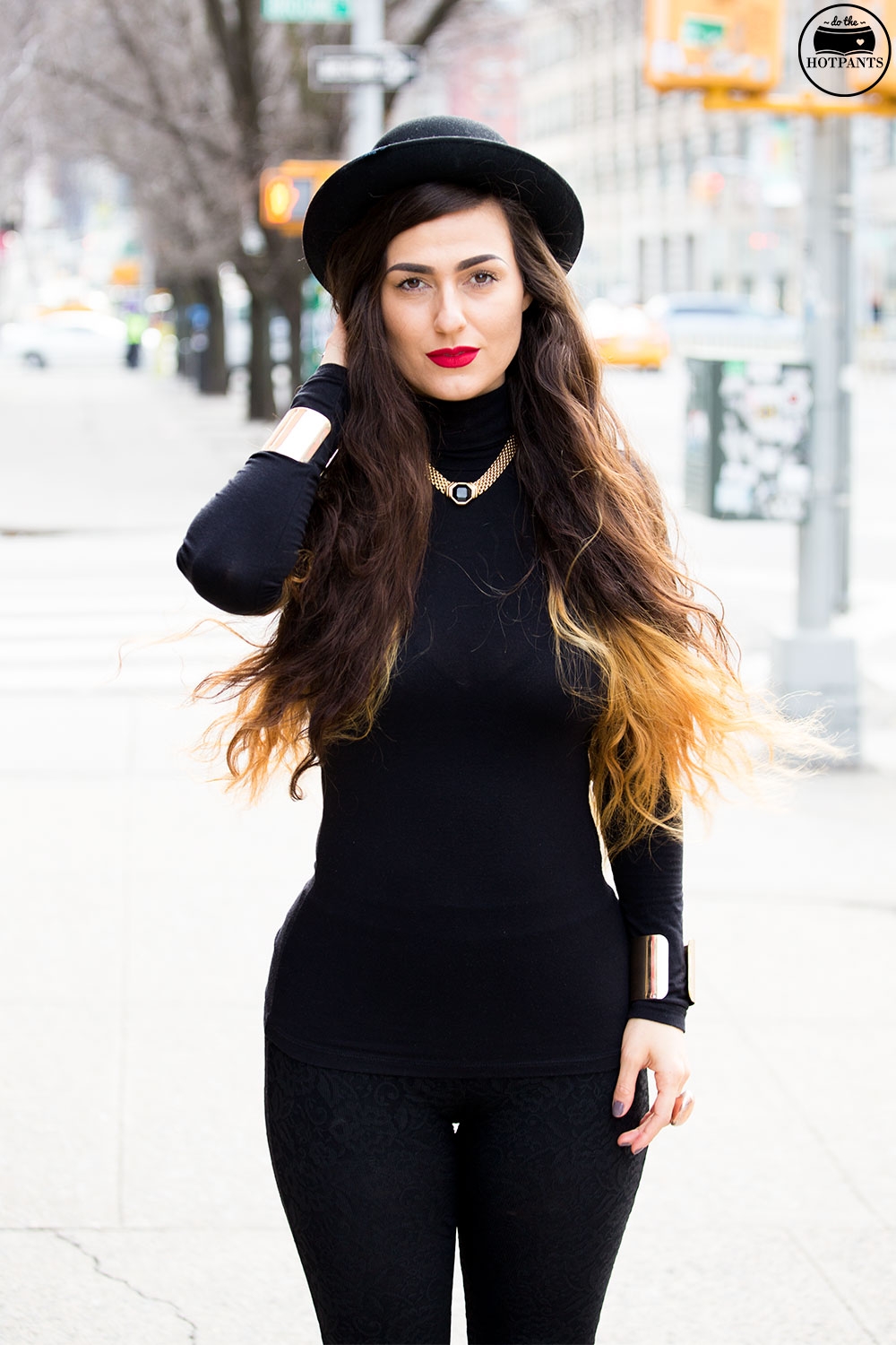 Black Turtleneck Bodycon Bowler Hat Red Lipstick MAC Ruby Woo