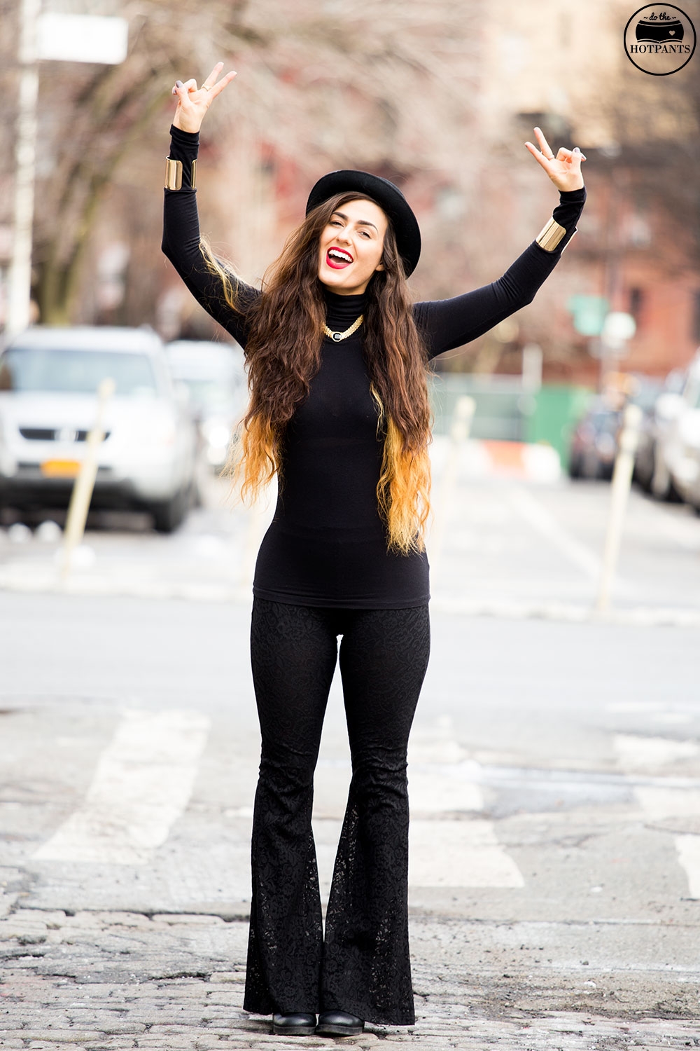 Black Turtleneck Bodycon Bowler Hat Red Lipstick MAC Ruby Woo