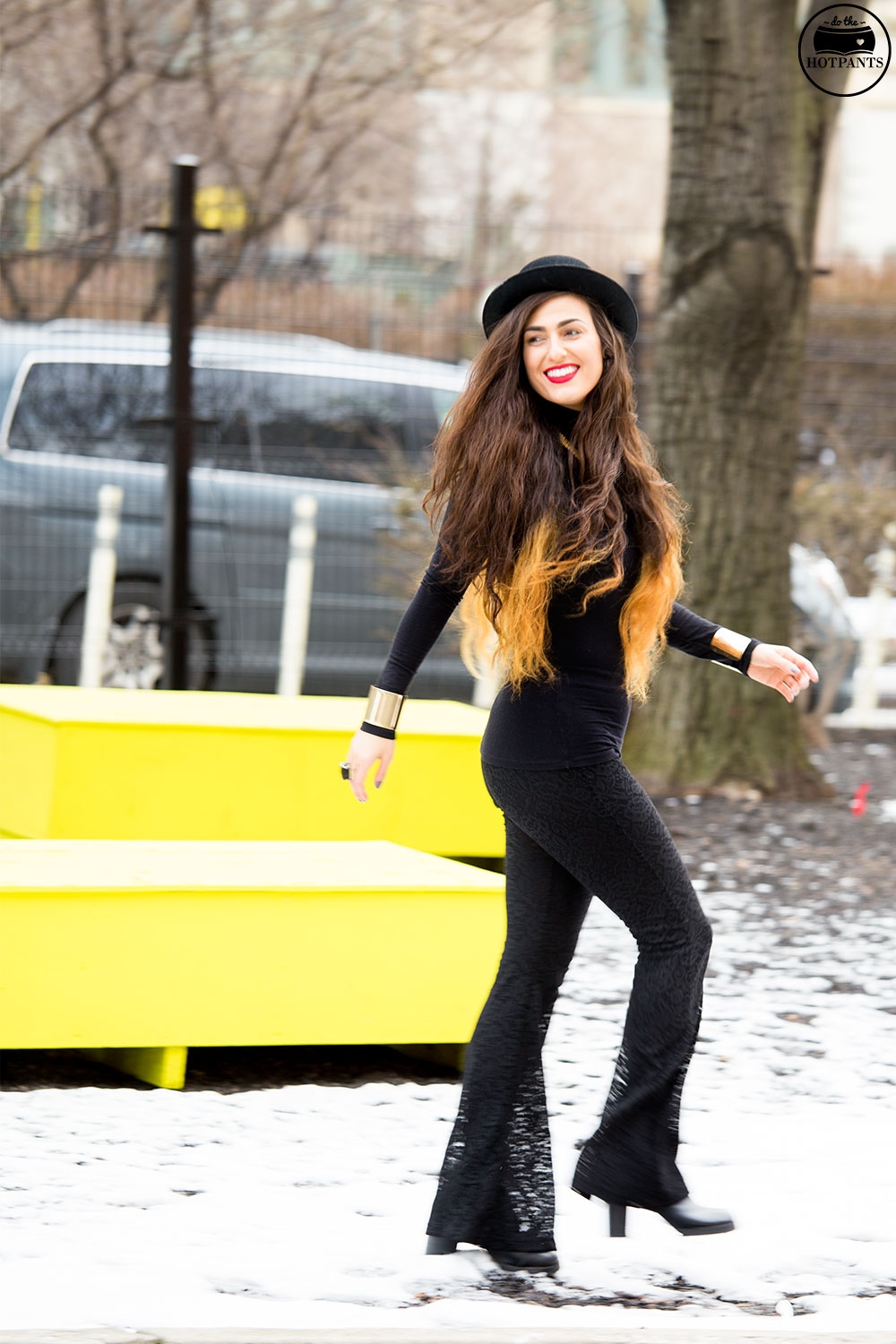 Black Turtleneck Bodycon Bowler Hat Red Lipstick MAC Ruby Woo