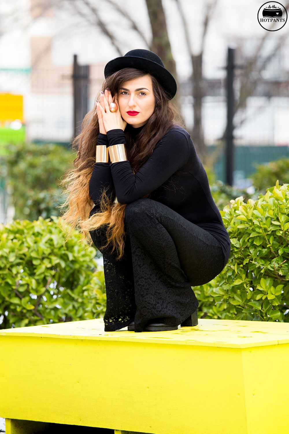 Black Turtleneck Bodycon Bowler Hat Red Lipstick MAC Ruby Woo