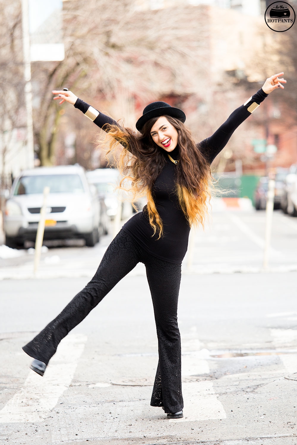 Black Turtleneck Bodycon Bowler Hat Red Lipstick MAC Ruby Woo