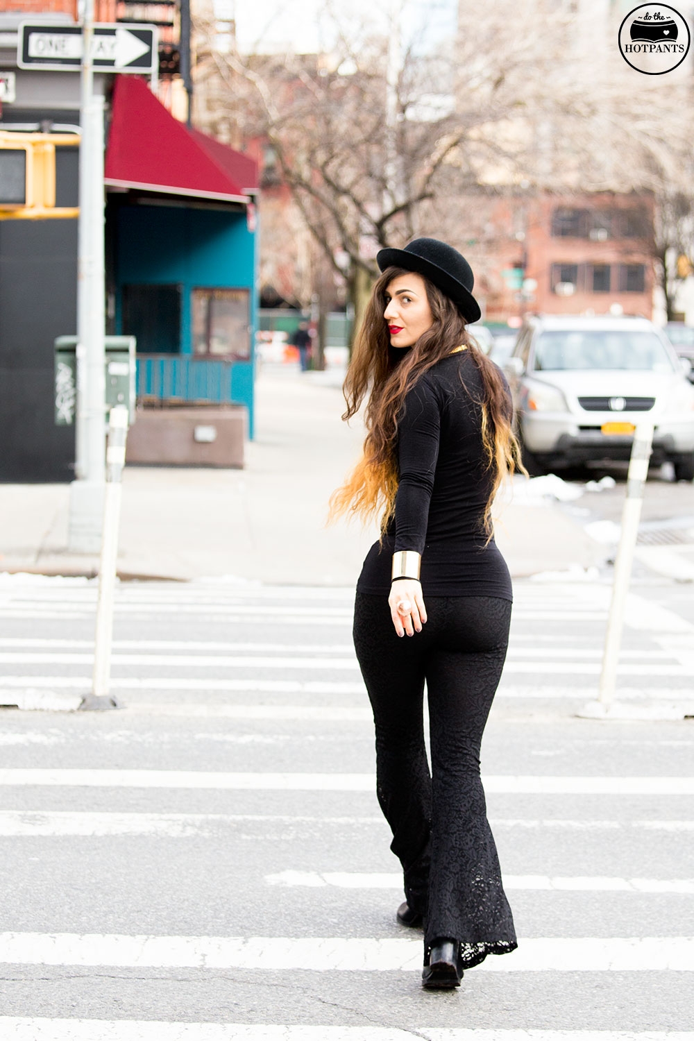 Black Turtleneck Bodycon Bowler Hat Red Lipstick MAC Ruby Woo