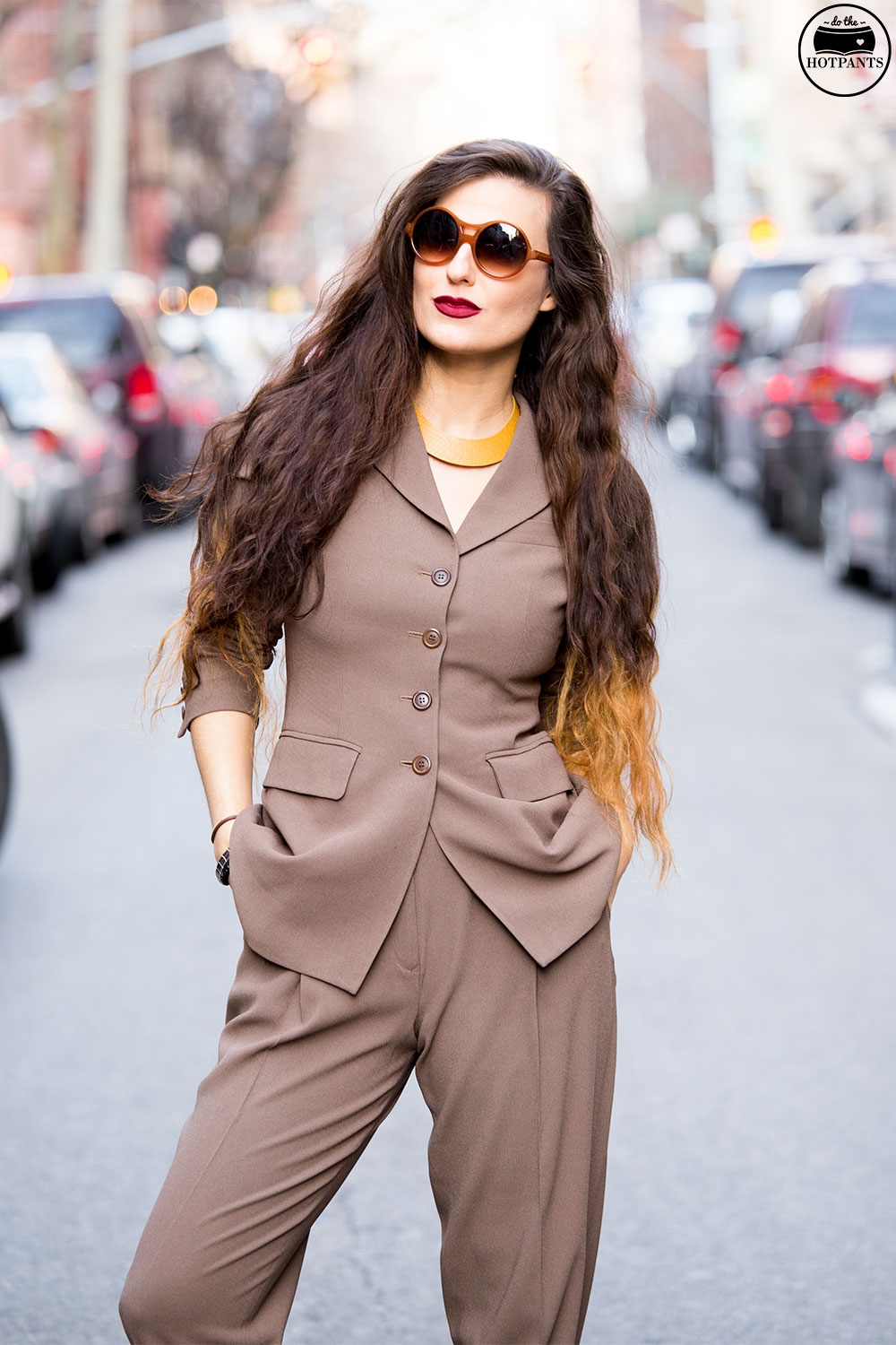 Brown Neutral Taupe Two Piece Suit 80's fashion streetstyle