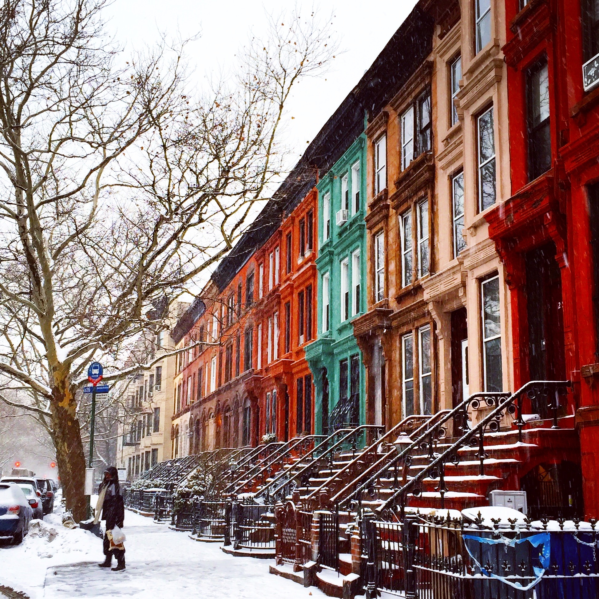 NYC Brooklyn Manhattan New York City Snow Winter Storm Colorful Houses Street Snow