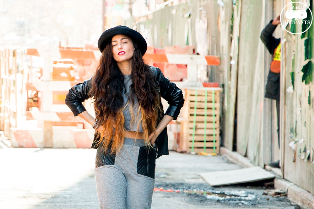 Blossom Hat Long Hair Girl Black Leather Wedge Heels Gray Grey Sweatpants Fashion