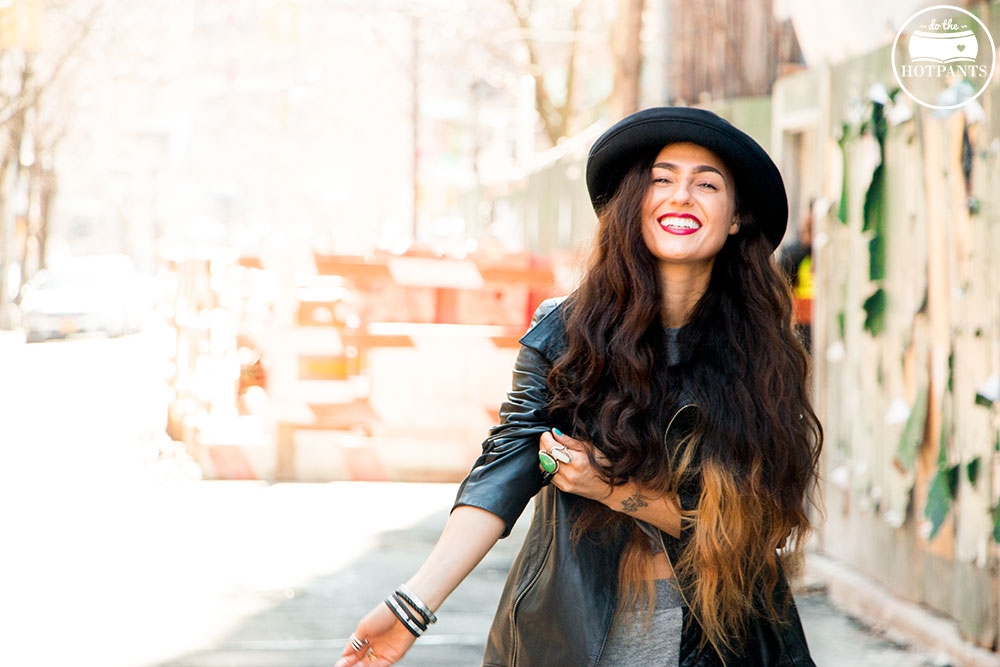 Blossom Hat Long Hair Girl Black Leather Wedge Heels Gray Grey Sweatpants Fashion