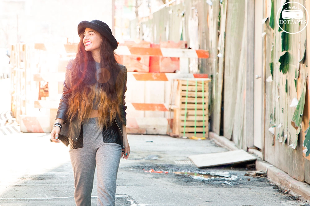 Blossom Hat Long Hair Girl Black Leather Wedge Heels Gray Grey Sweatpants Fashion