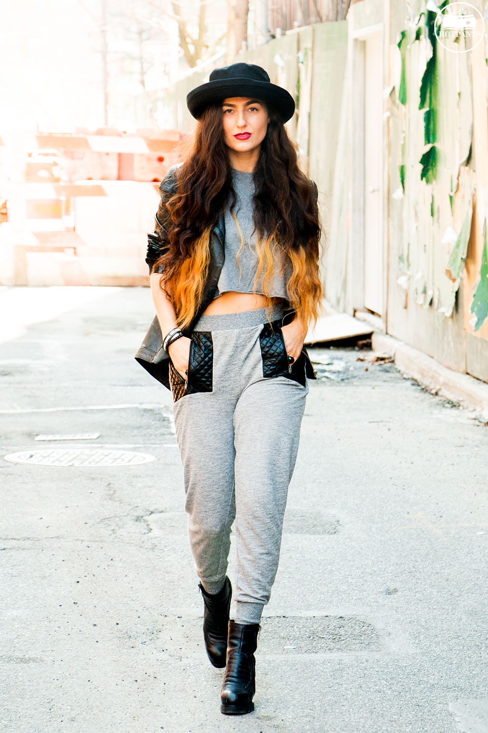 Blossom Hat Long Hair Girl Black Leather Wedge Heels Gray Grey Sweatpants Fashion