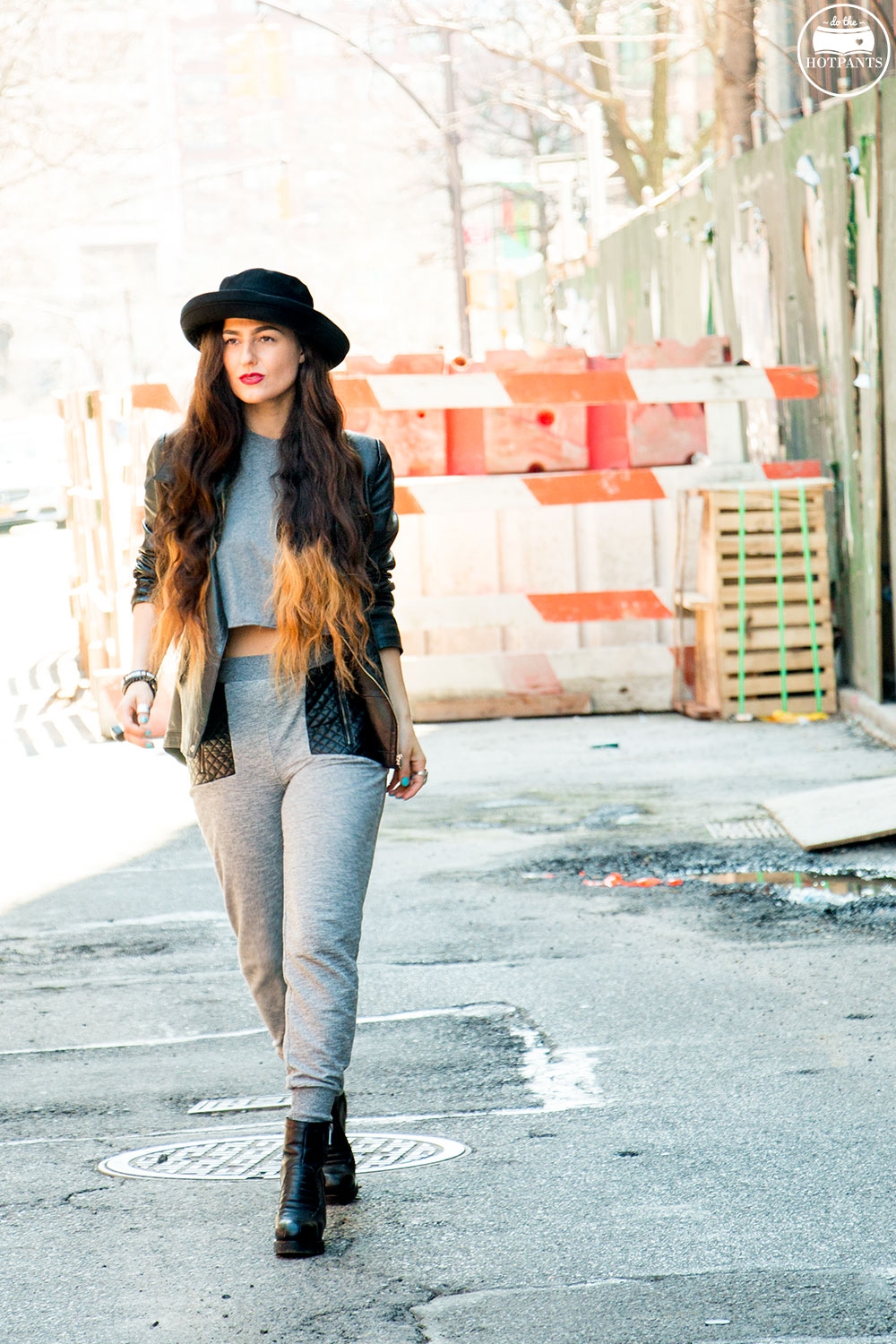 Blossom Hat Long Hair Girl Black Leather Wedge Heels Gray Grey Sweatpants Fashion