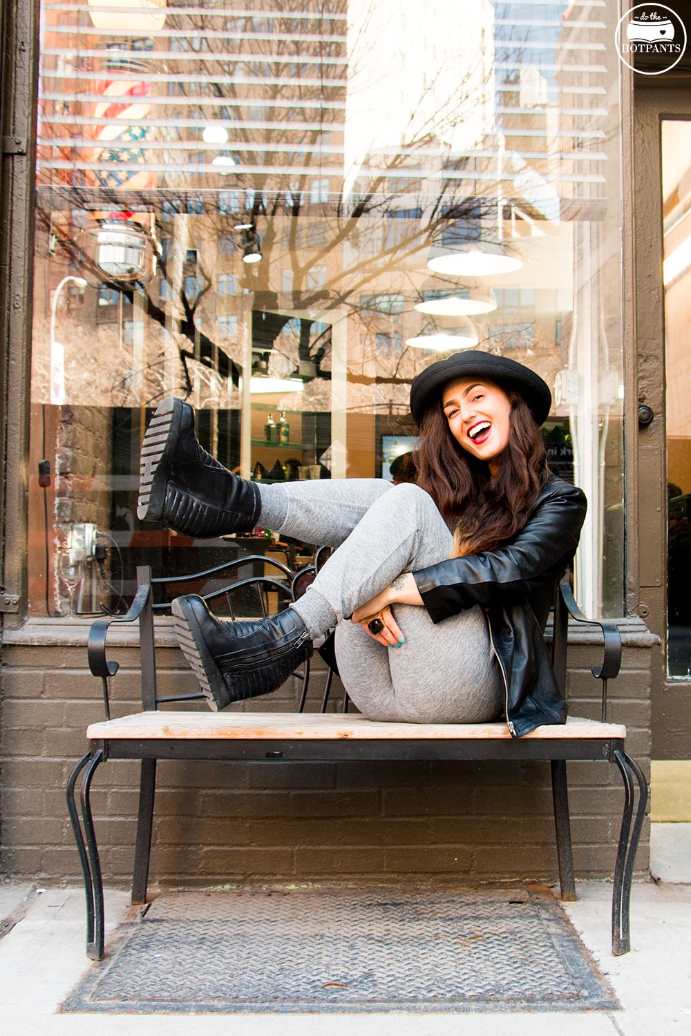 Blossom Hat Long Hair Girl Black Leather Wedge Heels Gray Grey Sweatpants Fashion