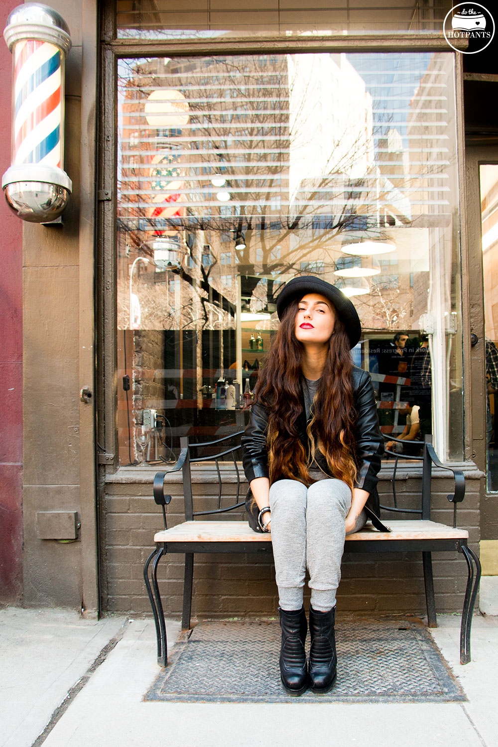 Blossom Hat Long Hair Girl Black Leather Wedge Heels Gray Grey Sweatpants Fashion