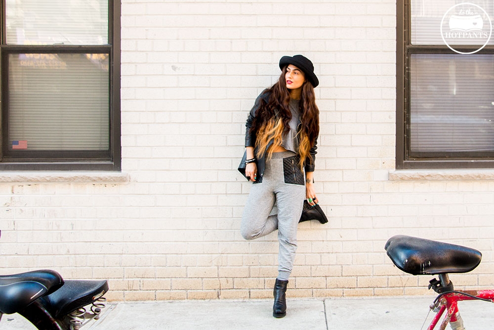 Blossom Hat Long Hair Girl Black Leather Wedge Heels Gray Grey Sweatpants Fashion