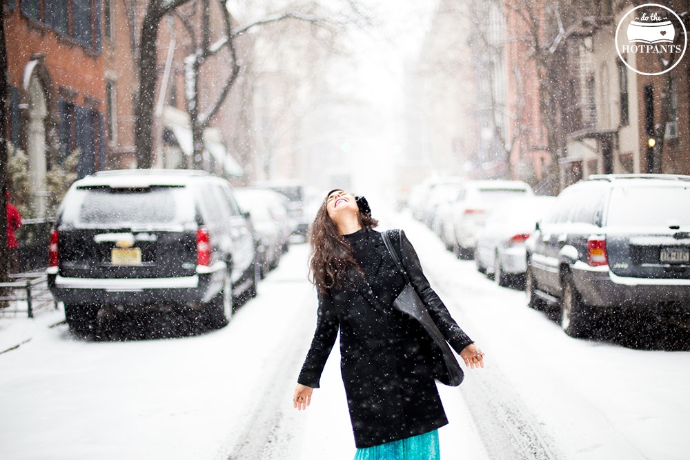 Manhattan Girl Covered In Snow Purple Lipstick Turquoise Green Blue Maxi Skirt Leather Sleeve Jacket