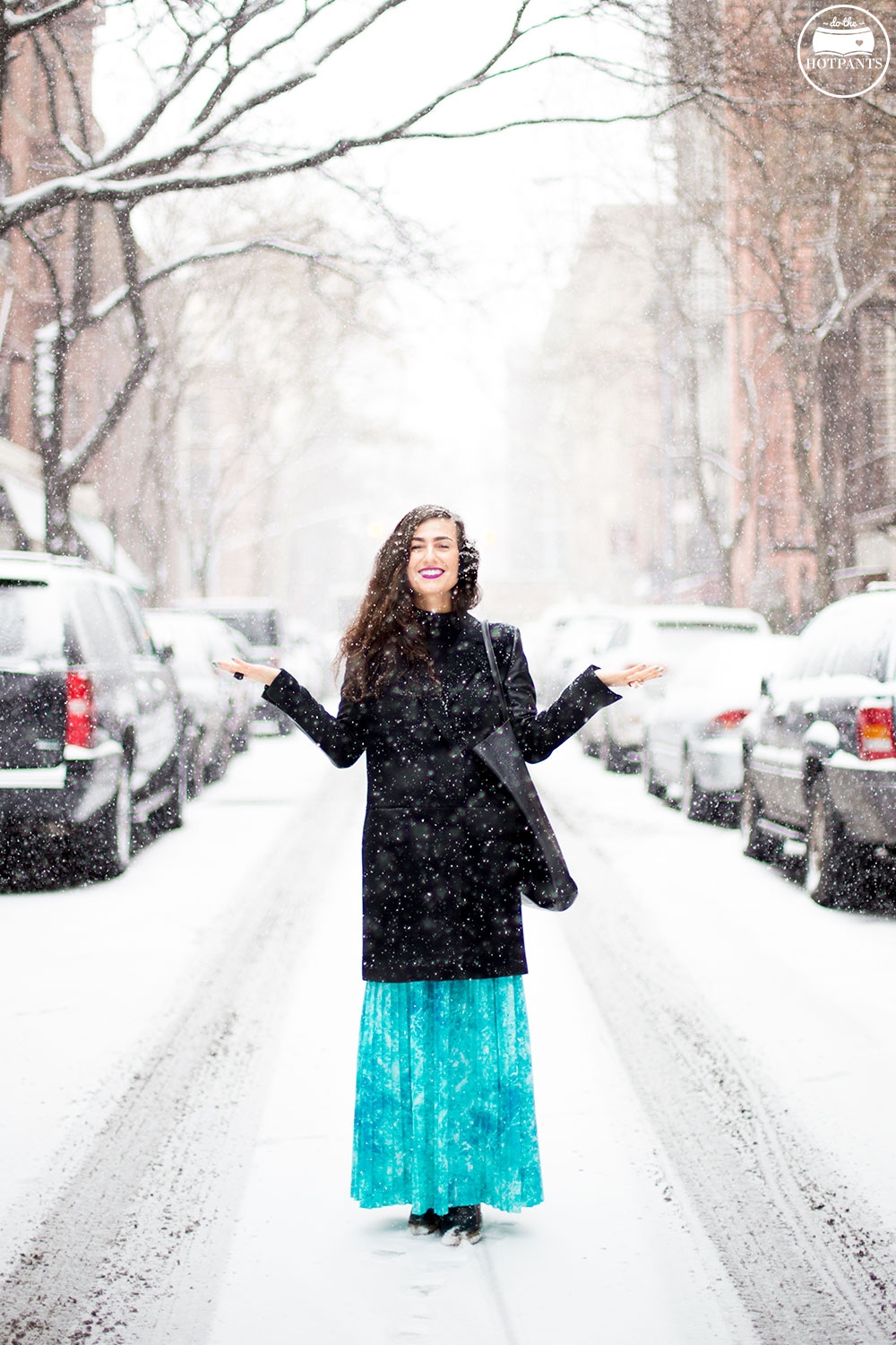 Manhattan Girl Covered In Snow Purple Lipstick Turquoise Green Blue Maxi Skirt Leather Sleeve Jacket