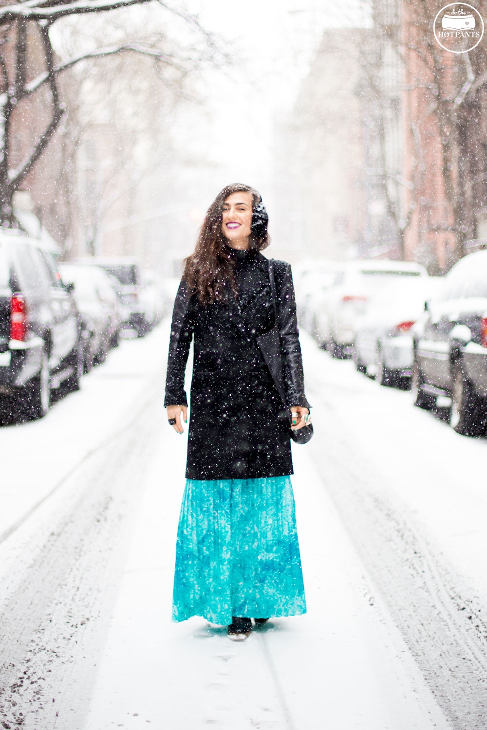 Manhattan Girl Covered In Snow Purple Lipstick Turquoise Green Blue Maxi Skirt Leather Sleeve Jacket