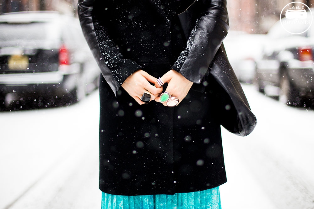 Manhattan Girl Covered In Snow Purple Lipstick Turquoise Green Blue Maxi Skirt Leather Sleeve Jacket