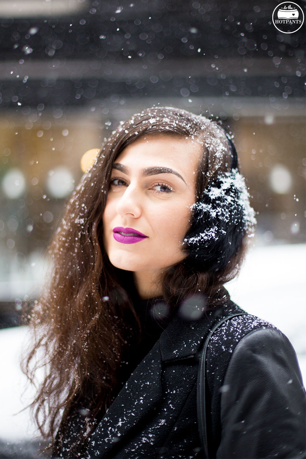 Manhattan Girl Covered In Snow Purple Lipstick Turquoise Green Blue Maxi Skirt Leather Sleeve Jacket