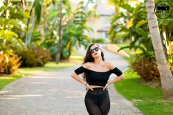 Girl in Black Underwear Crop Top Curvy Midriff