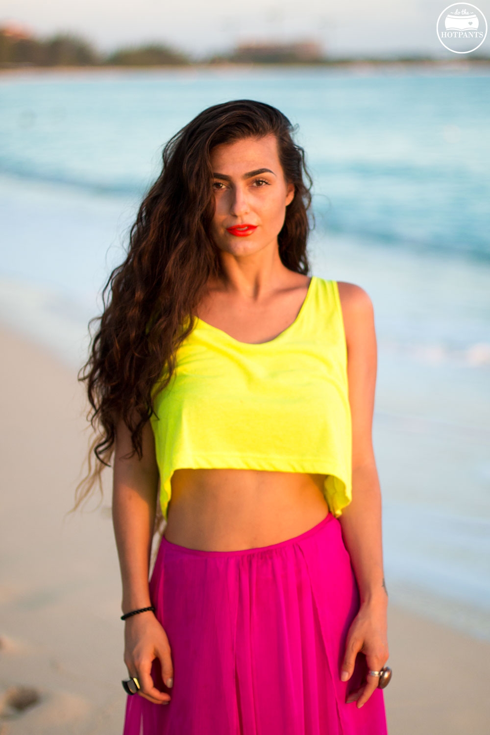 American Apparel Neon Crop Top  Orange Lipstick Tan Curvy Woman