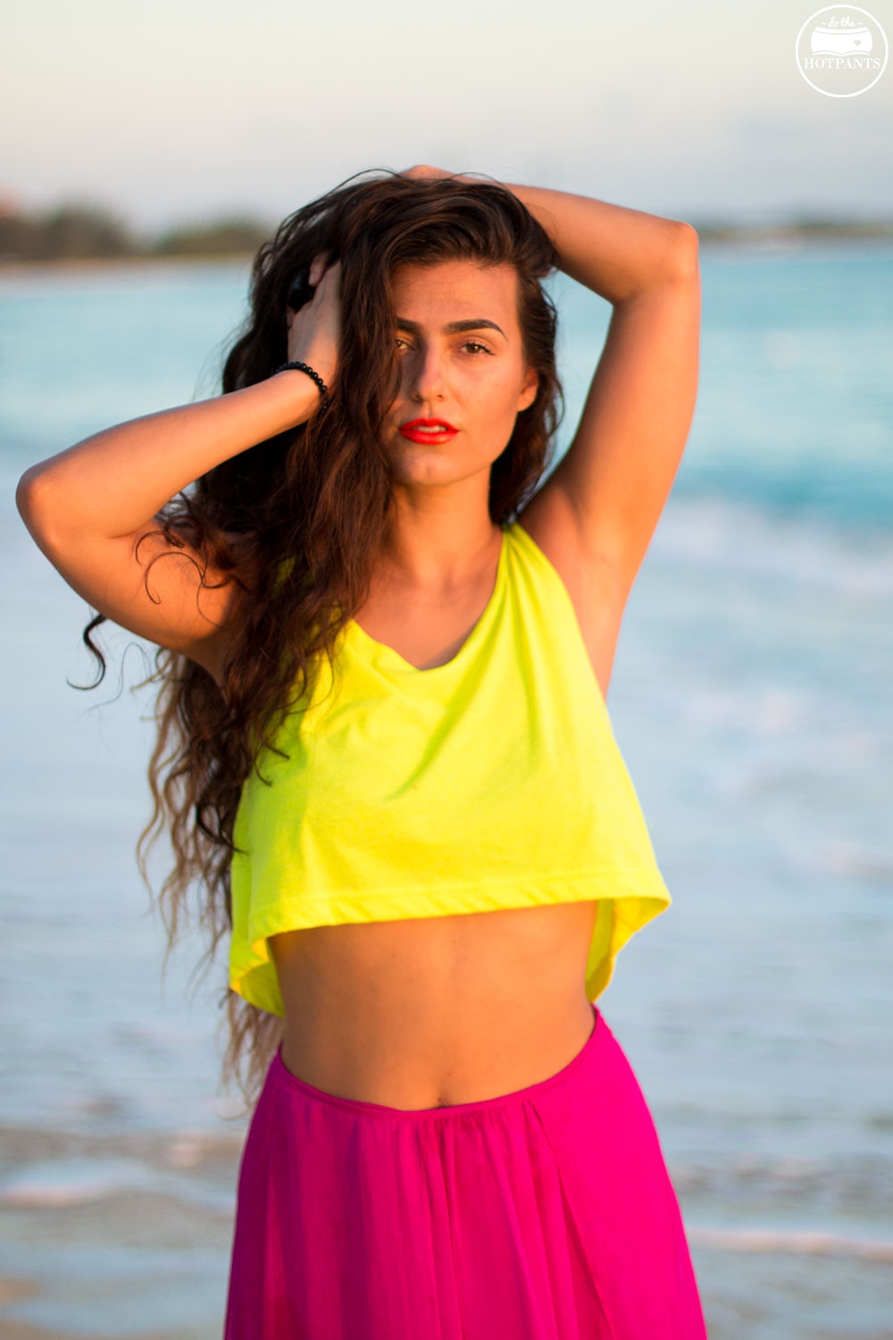 American Apparel Neon Crop Top  Orange Lipstick Tan Curvy Woman