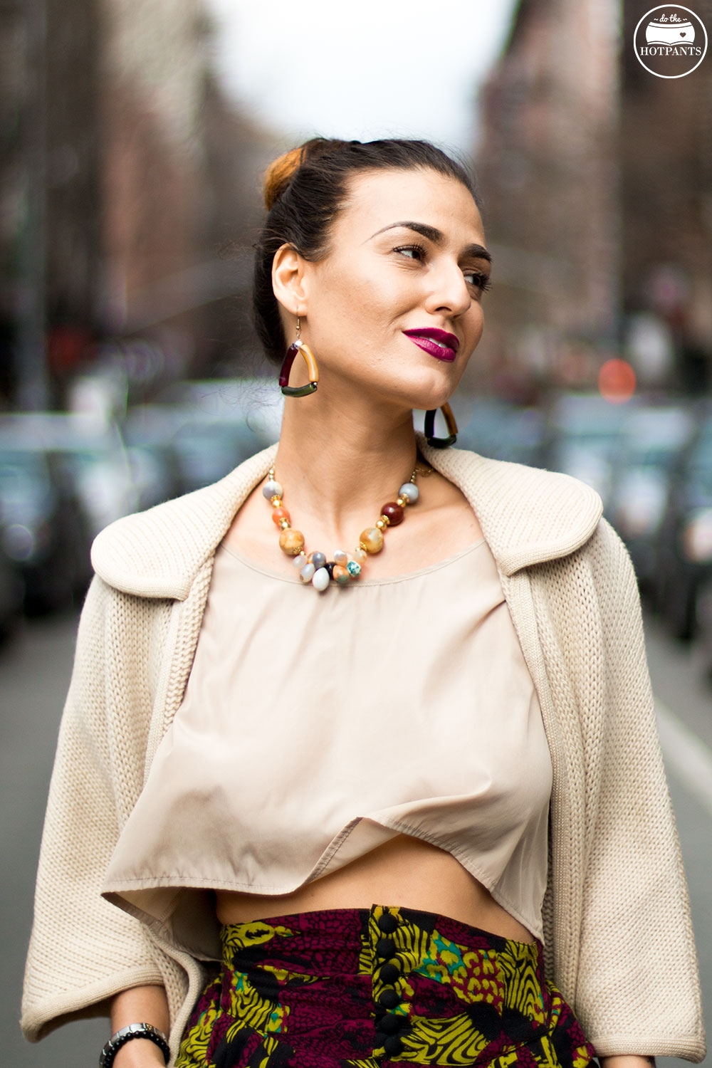 Purple Lipstick Long Hair Blogger Bun Updo Topknot Crop Top