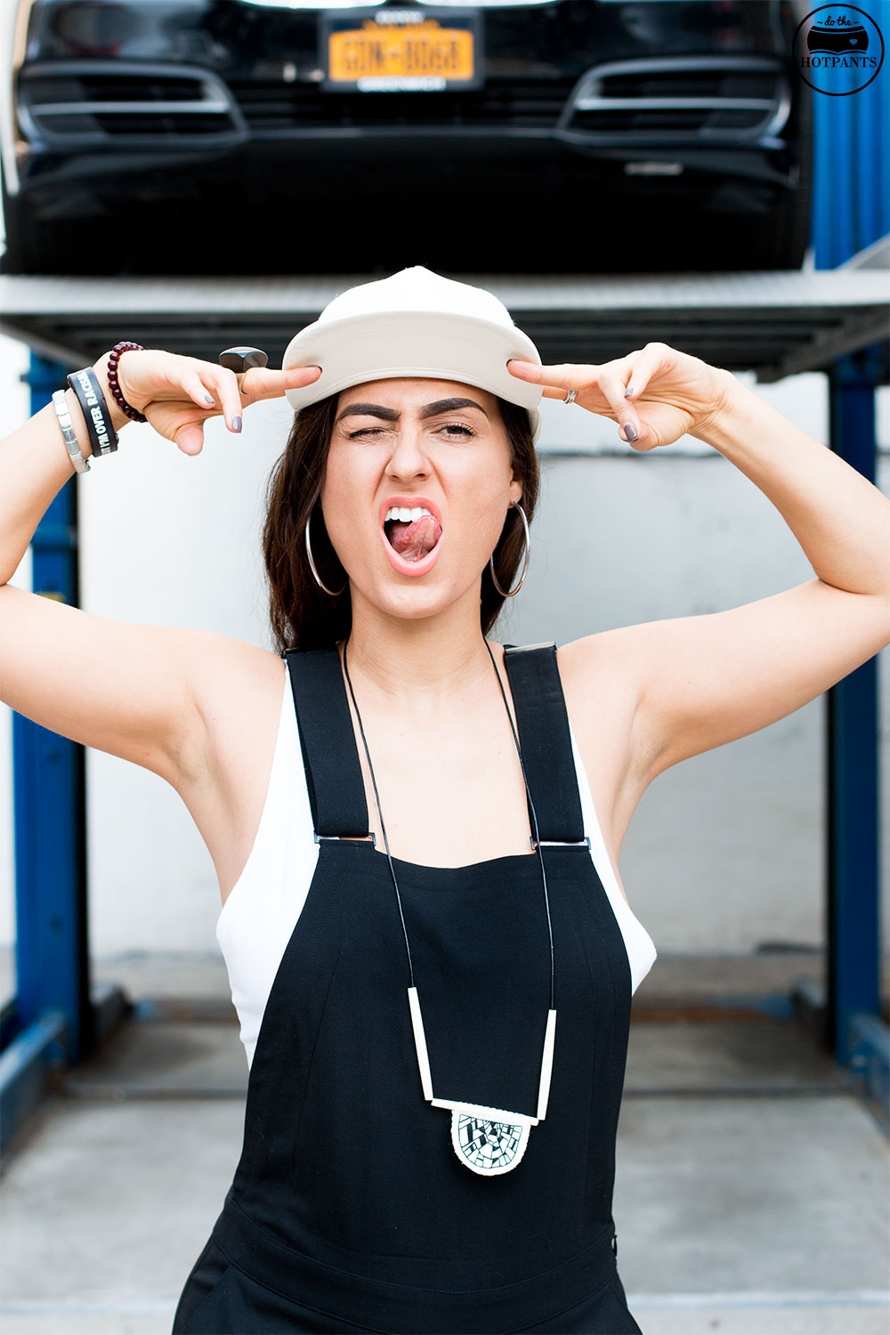 Do The Hotpants Dana Suchow Black Overalls White Leather Hat NYC Summer Streetstyle White Clog Mules IMG_7572