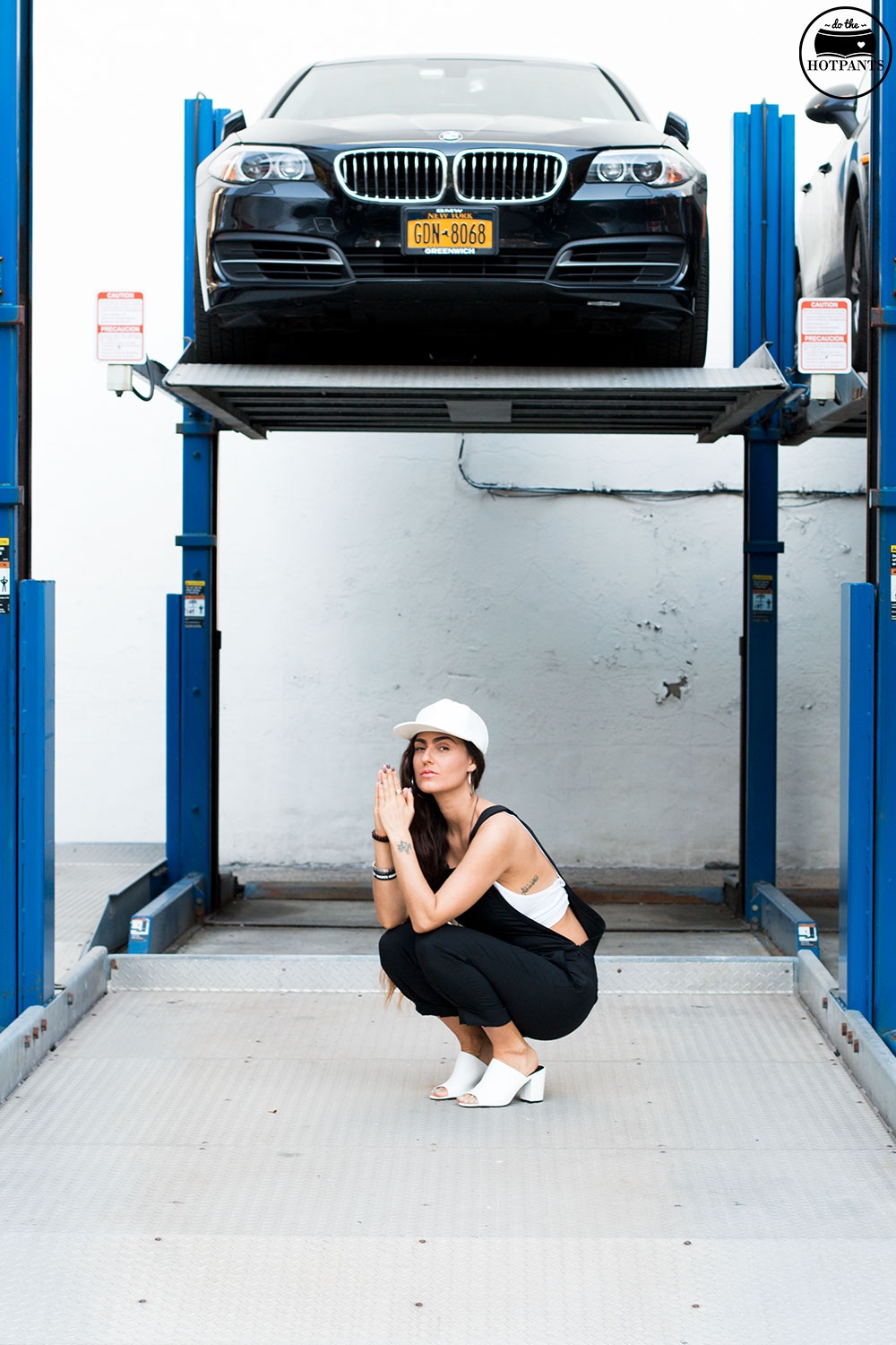 Do The Hotpants Dana Suchow Black Overalls White Leather Hat NYC Summer Streetstyle White Clog Mules IMG_7598