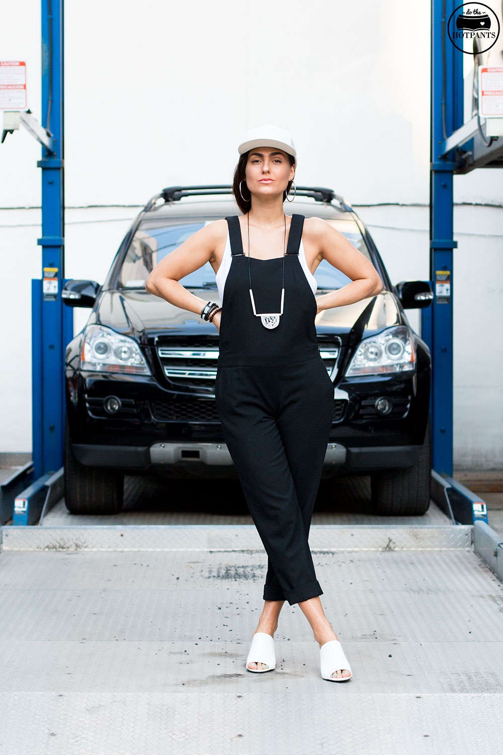 Do The Hotpants Dana Suchow Black Overalls White Leather Hat NYC Summer Streetstyle White Clog Mules IMG_7655