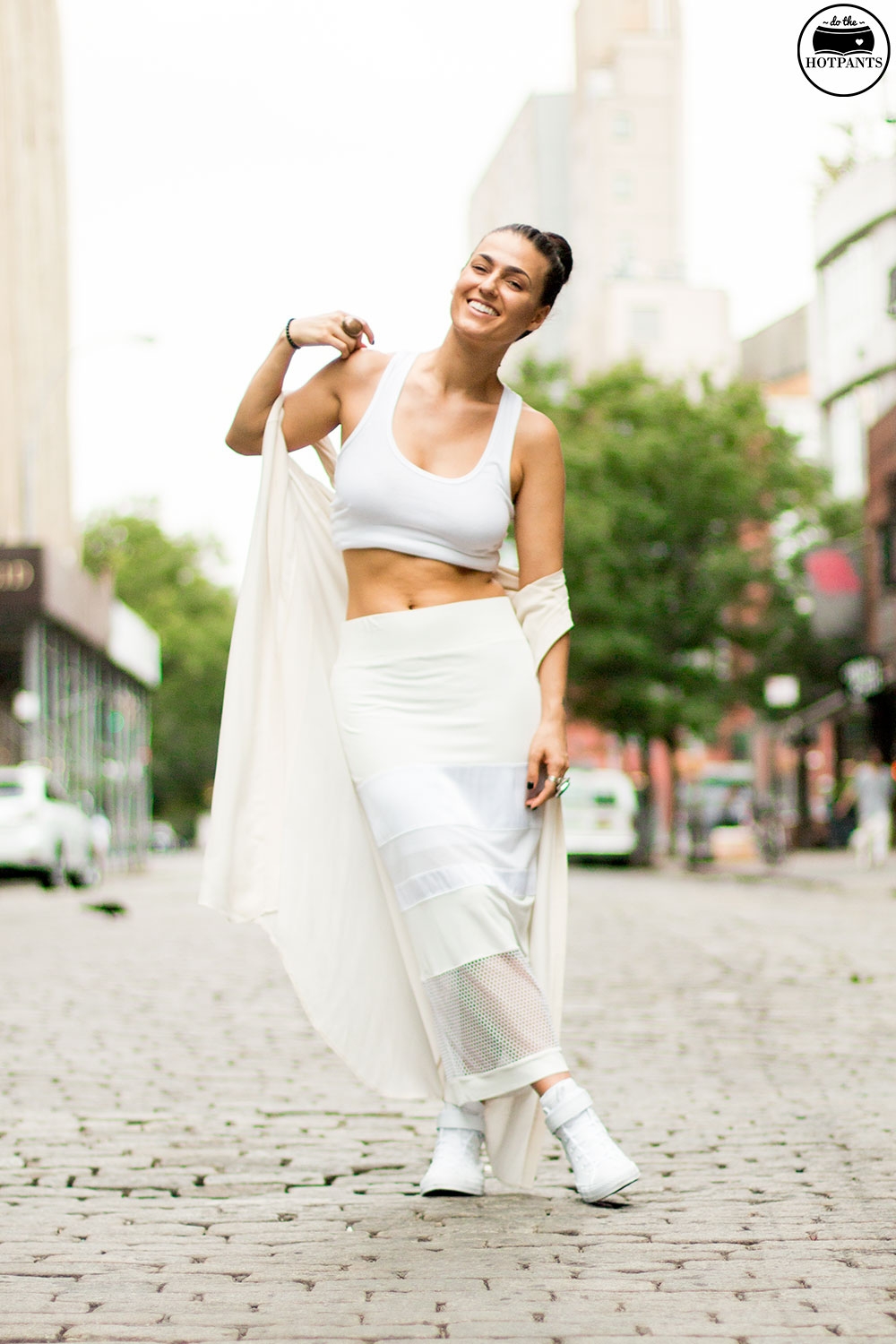 Nude All Natural Makeup Updo Bun All White Outfit